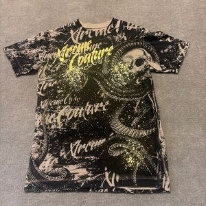 Affliction Xtreme Couture Graphic Skull Snake T Shirt Black All Over Print 0644